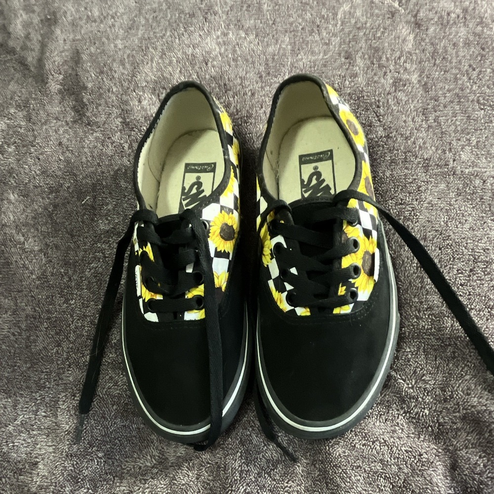 VANS Off The Wall Black Canvas Checkerboard Sunflower Lace-Up Sneakers